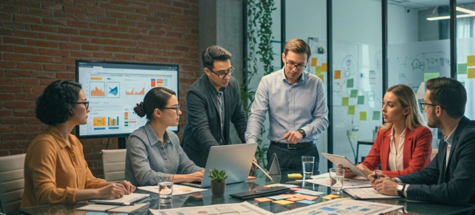 Equipe especializada em criação de sites profissionais trabalhando em projeto responsivo para e-commerce, com designers e desenvolvedores colaborando em wireframes e protótipos